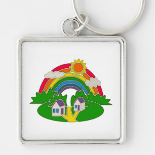 Cartoon rural scene with rainbow and country house key ring
