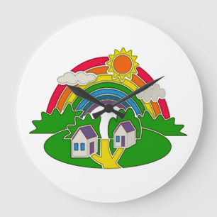 Cartoon rural scene with rainbow and country house large clock