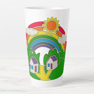 Cartoon rural scene with rainbow and country house latte mug