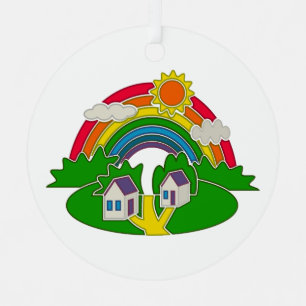 Cartoon rural scene with rainbow and country house metal tree decoration
