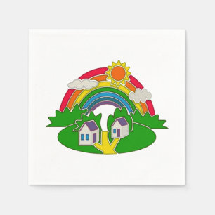 Cartoon rural scene with rainbow and country house napkin