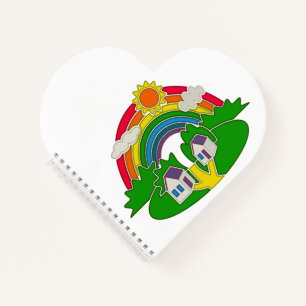 Cartoon rural scene with rainbow and country house notebook