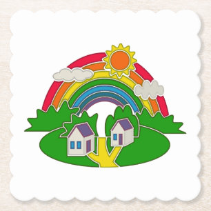 Cartoon rural scene with rainbow and country house paper coaster
