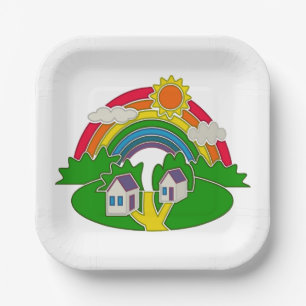 Cartoon rural scene with rainbow and country house paper plate