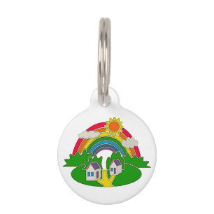 Cartoon rural scene with rainbow and country house pet tag