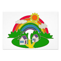 Cartoon rural scene with rainbow and country house