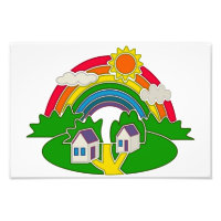 Cartoon rural scene with rainbow and country house