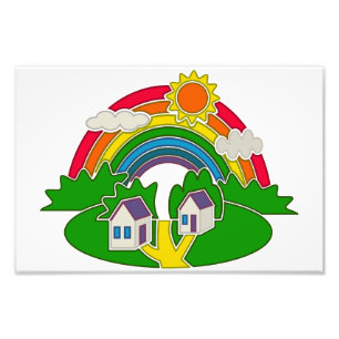 Cartoon rural scene with rainbow and country house photo print