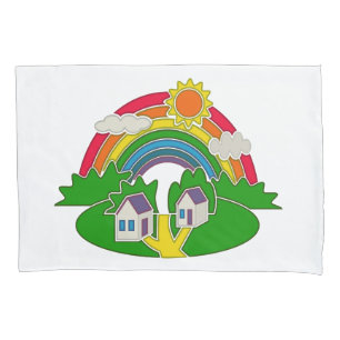 Cartoon rural scene with rainbow and country house pillowcase
