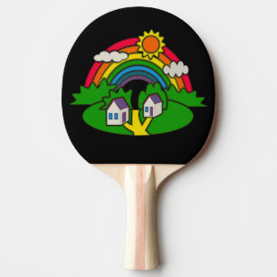 Cartoon rural scene with rainbow and country house ping pong paddle
