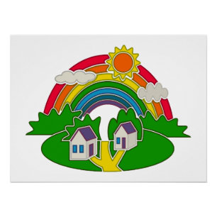 Cartoon rural scene with rainbow and country house poster