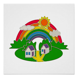Cartoon rural scene with rainbow and country house poster