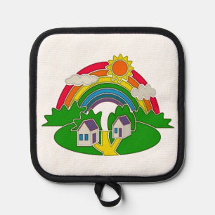 Cartoon rural scene with rainbow and country house pot holder