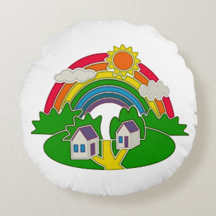 Cartoon rural scene with rainbow and country house round cushion