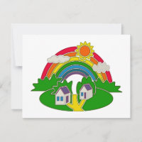 Cartoon rural scene with rainbow and country house