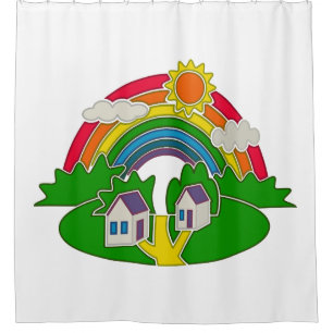 Cartoon rural scene with rainbow and country house shower curtain