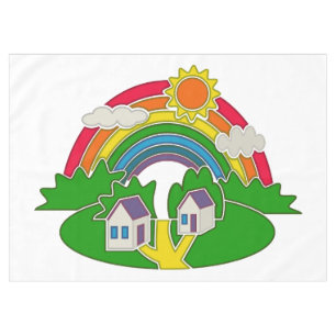 Cartoon rural scene with rainbow and country house tablecloth