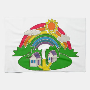 Cartoon rural scene with rainbow and country house tea towel