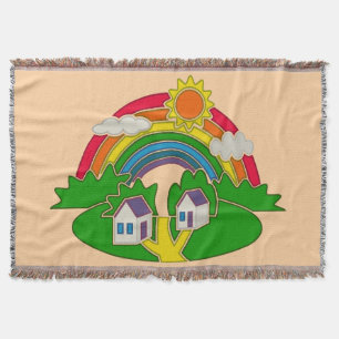 Cartoon rural scene with rainbow and country house throw blanket