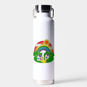 Cartoon rural scene with rainbow and country house water bottle