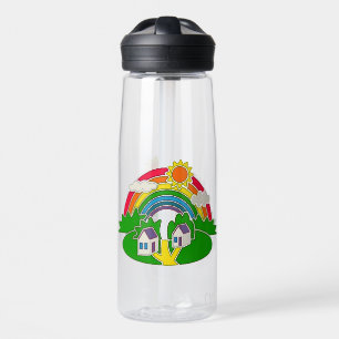 Cartoon rural scene with rainbow and country house water bottle