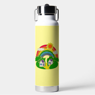 Cartoon rural scene with rainbow and country house water bottle