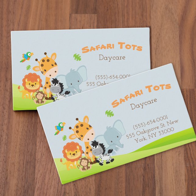Cartoon Safari Animal Daycare Childcare Business Card (Creator Uploaded)