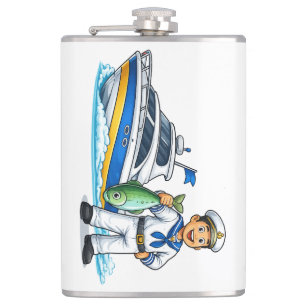 Cartoon Sailor with Yacht and Fish Nautical Art Hip Flask