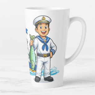 Cartoon Sailor with Yacht and Fish Nautical Art Latte Mug
