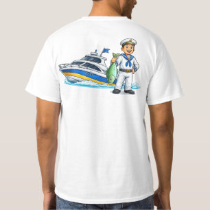 Cartoon Sailor with Yacht and Fish Nautical Art T-Shirt
