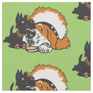 cartoon Saint Bernard and Scottish Terrier dogs Fa Fabric