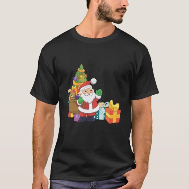 Cartoon Santa Christmas Scene T-Shirt (Front)