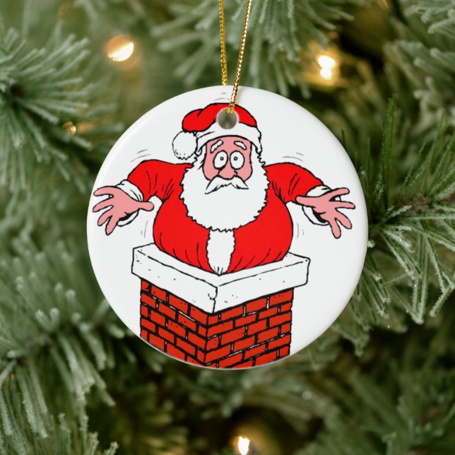 cartoon Santa Claus got stuck in the chimney Ceramic Ornament (Tree)