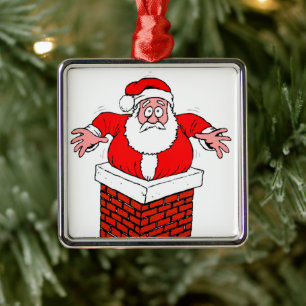 cartoon Santa Claus got stuck in the chimney Metal Ornament