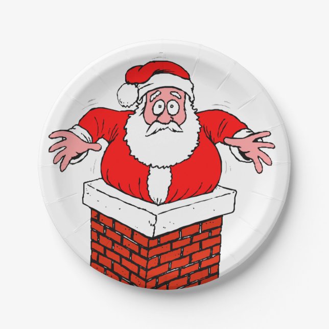 cartoon Santa Claus got stuck in the chimney Paper Plate (Front)