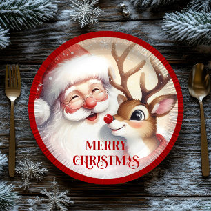 Cartoon Santa Claus Rudolph Christmas Plates