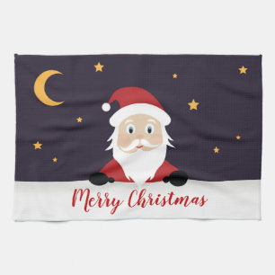 Cartoon Santa Claus wishing Merry Christmas Tea Towel