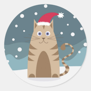 Cartoon santa kitten in snow forest classic round sticker