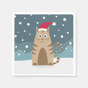 Cartoon santa kitten in snow forest napkin