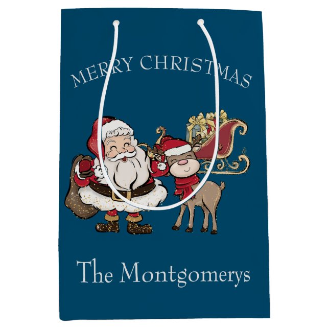 Cartoon Santa & Rudolph the Reindeer on Blue Medium Gift Bag (Front)
