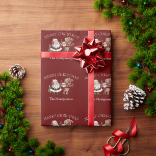 Cartoon Santa & Rudolph the Reindeer on Burgundy Wrapping Paper