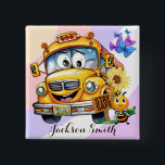 Cartoon School Bus Driver Stay Safe Personalised 15 Cm Square Badge<br><div class="desc">The "Cartoon School Bus Driver Stay Safe" design captures the essence of sweetness and charm in one delightful image. A cute yellow school bus takes centre stage, featuring endearing big eyes on its windshields and a cheerful smiley face at the front bottom, radiating warmth and friendliness. Prominently displayed at the...</div>