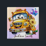 Cartoon School Bus Driver Stay Safe Personalised 15 Cm Square Badge<br><div class="desc">The "Cartoon School Bus Driver Stay Safe" design captures the essence of sweetness and charm in one delightful image. A cute yellow school bus takes centre stage, featuring endearing big eyes on its windshields and a cheerful smiley face at the front bottom, radiating warmth and friendliness. Prominently displayed at the...</div>