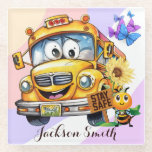 Cartoon School Bus Driver Stay Safe Personalised Glass Coaster<br><div class="desc">The "Cartoon School Bus Driver Stay Safe" design captures the essence of sweetness and charm in one delightful image. A cute yellow school bus takes centre stage, featuring endearing big eyes on its windshields and a cheerful smiley face at the front bottom, radiating warmth and friendliness. Prominently displayed at the...</div>