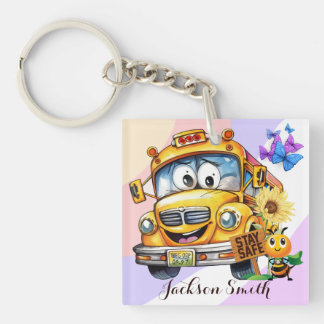 Cartoon School Bus Driver Stay Safe Personalised Key Ring