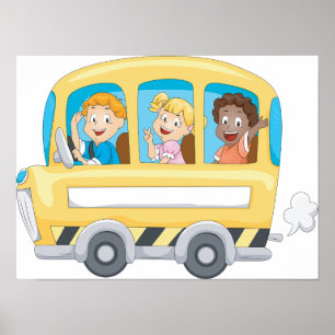 Cartoon School Bus Kids Poster