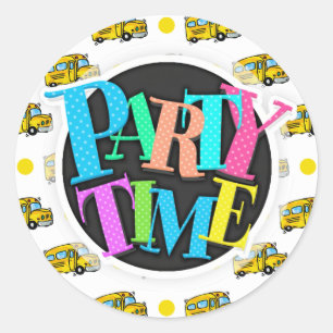 Cartoon School Bus, Yellow & White Polka Dots Classic Round Sticker