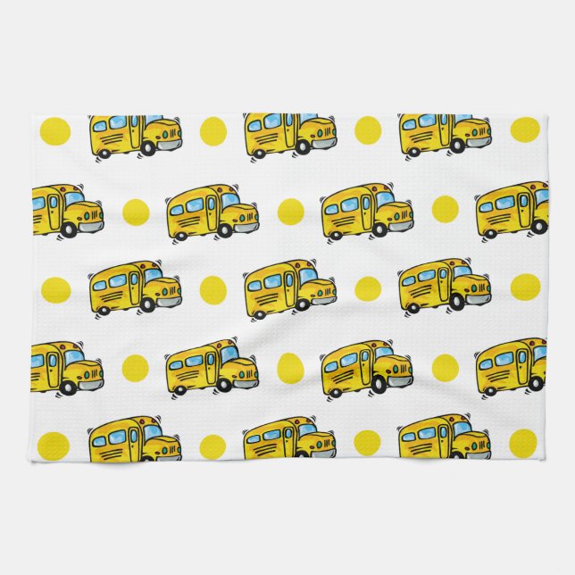Cartoon School Bus, Yellow & White Polka Dots Tea Towel (Horizontal)