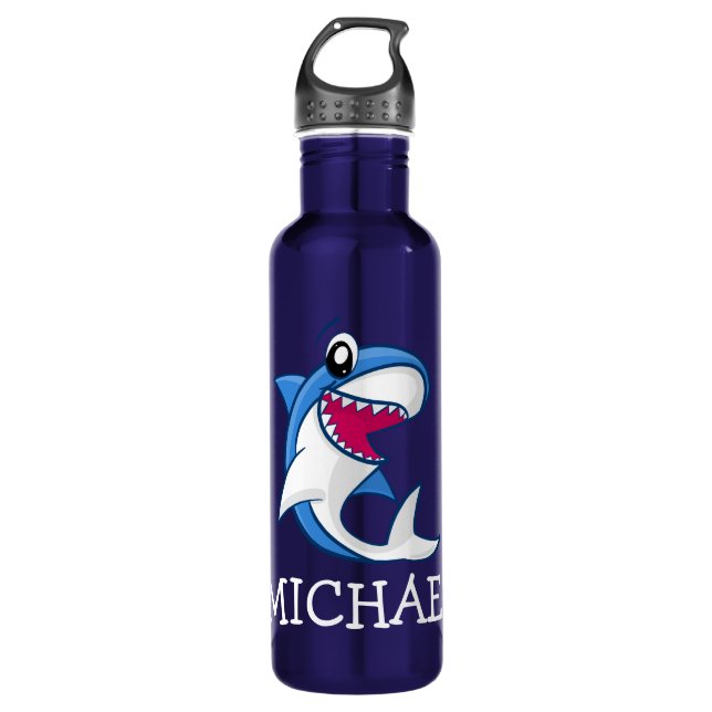 Cartoon Sea Life Blue Shark Name Fun Kids Marine 710 Ml Water Bottle (Front)
