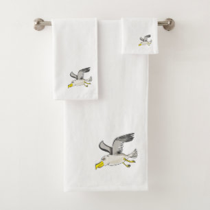 Cartoon seagull flying over head bath towel set